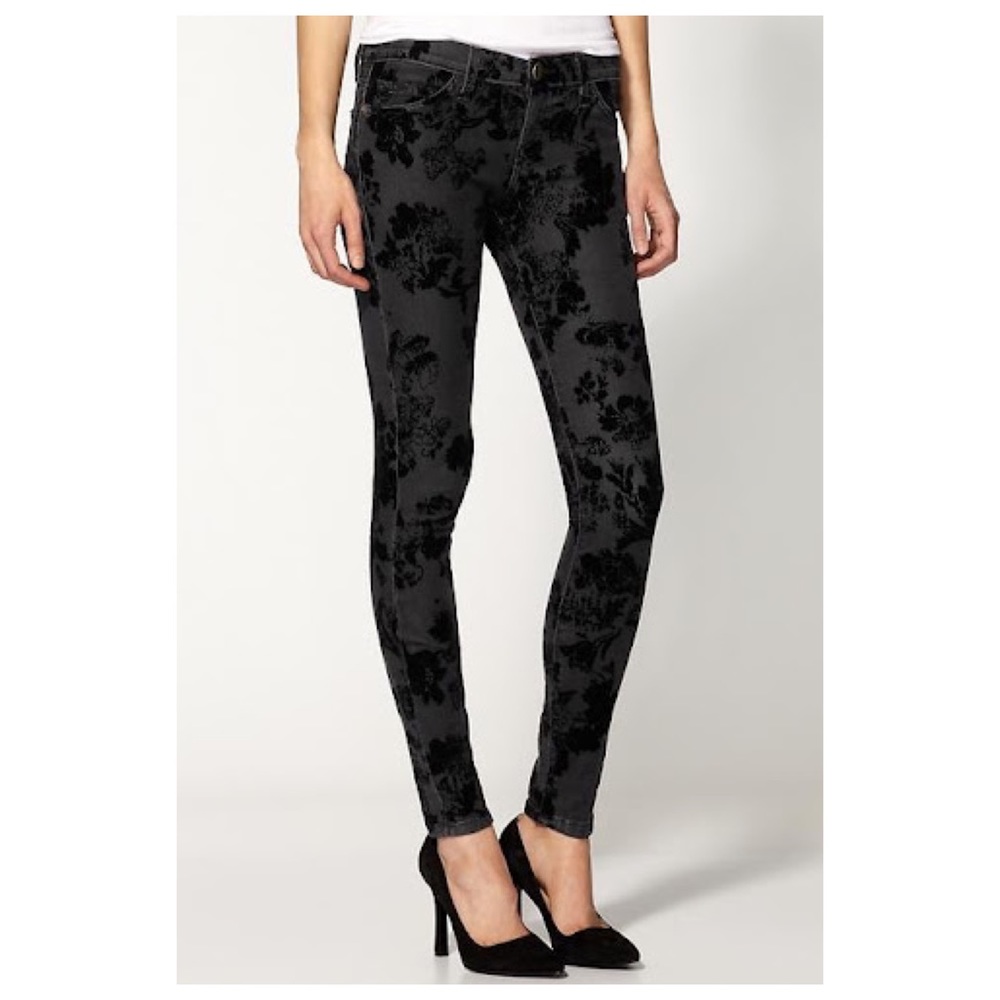 Current/Elliott Black Velvet Floral Skinny Jeans 26